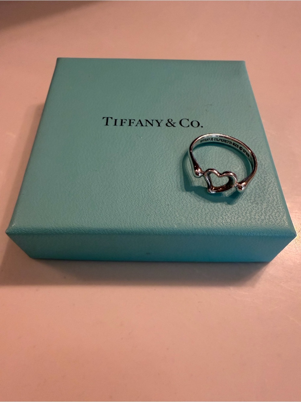 Tiffany & Co. Elsa Peretti Sterling Silver Open Heart Ring w/ Signature Blue Box